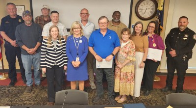 Lincoln County CASA volunteers are presented with President's Volunteer Service Awards during the March 13 Stanford City Council meeting. From left are Stanford Fire Chief Scott Maples, Councilmember Jason Hignite, Councilmember Eddie Carter, Councilmember Joe Tackett, CASA Executive Director Melynda Jamison, Lincoln County Family Court Judge Jane Venters, Stanford Mayor Dalton Miller, CASA Volunteer Terry Huffman, Councilmember Jerry Wilkinson, CASA Volunteer Susan Maupin, CASA Volunteer Manager Jennifer Lamb, CASA Volunteer Priscilla Miller and Stanford Police Chief Zach Middleton. (Photo submitted)