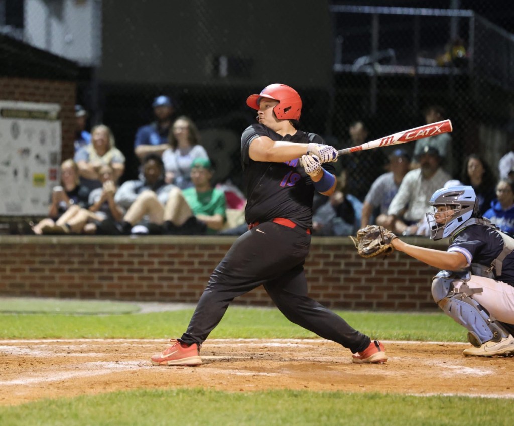 Lincoln County’s Grady Foster takes a swing during the Patriots’ 9-3 win over Danville in the 45th District tournament semifinal on May 19. Foster reached base twice and scored a run to help lead Lincoln County to its first district championship appearance since 2017. (Photo submitted)