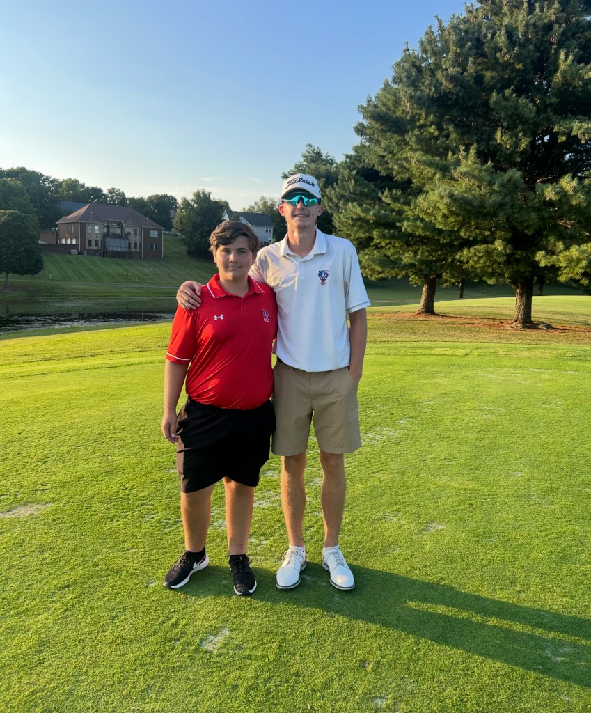 Lincoln County’s Kainen Withrow, left, and Cash Baird each carded even-par rounds of 36 to lead the Patriots to a win over Garrard County on Aug. 7 at Old Bridge Golf Course. (Photo by Zach Johnson)