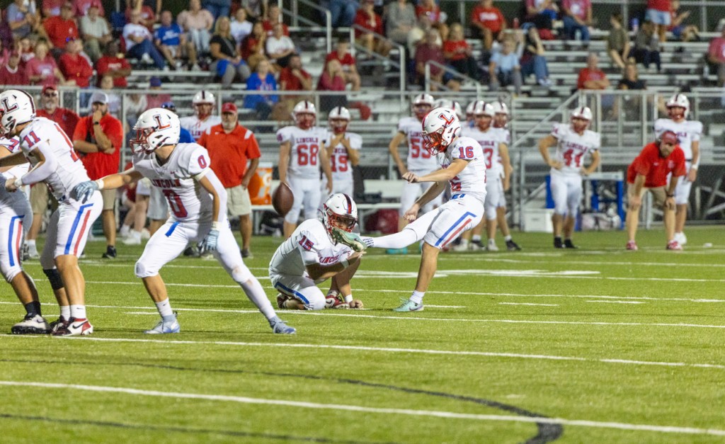 Lincoln County’s Brody Baker boots a field goal during the Patriots’ 40-37 win over East Jessamine on Sept. 19 in Nicholasville. Baker connected on two field goals and four extra points to help Lincoln stay unbeaten at 5-0. Photo by: Imago Dei Media