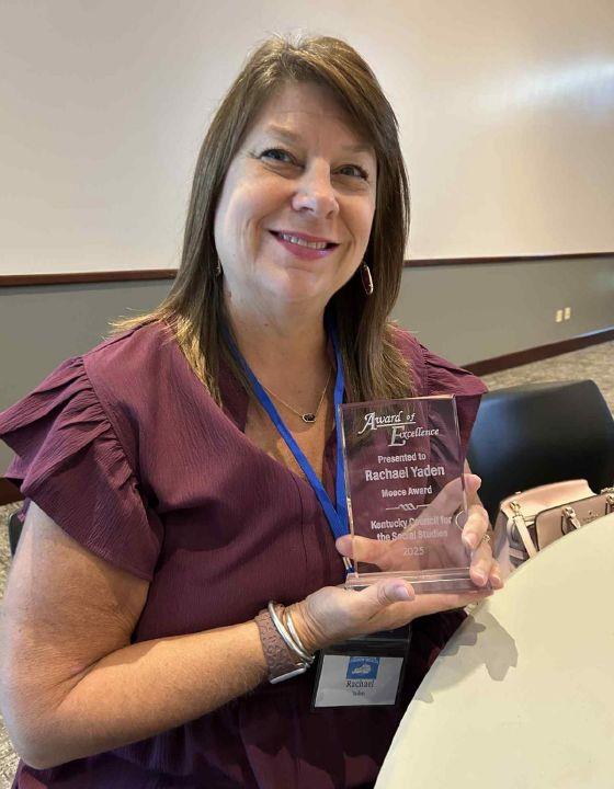 Rachael Yaden, instructional coach for Lincoln County Schools, holds the 2025 Meece Award presented by the Kentucky Council for the Social Studies. The award is the organization’s highest honor, recognizing excellence in social studies education.